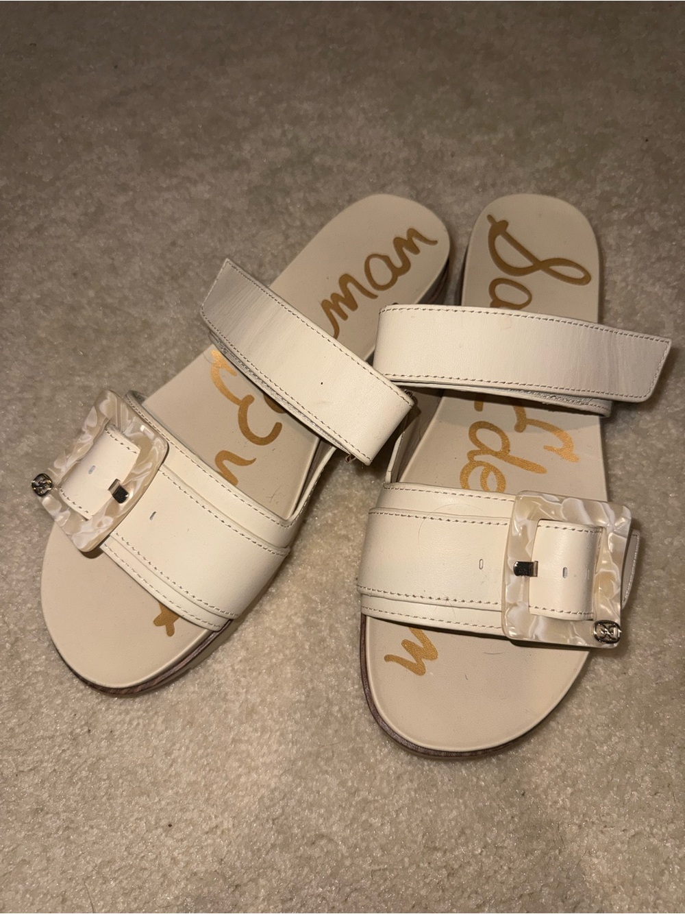 Sam Edelman Ivory Slide Sandals with Decorative Buckle
